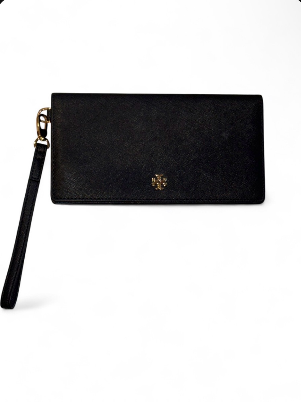 Tory Burch Black Saffiano Leather Wristlet with Gold Logo